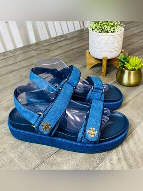 Tory Burch Kira Sport Sandal Denim Blue Platform Logo Strappy Women's Size 10.5